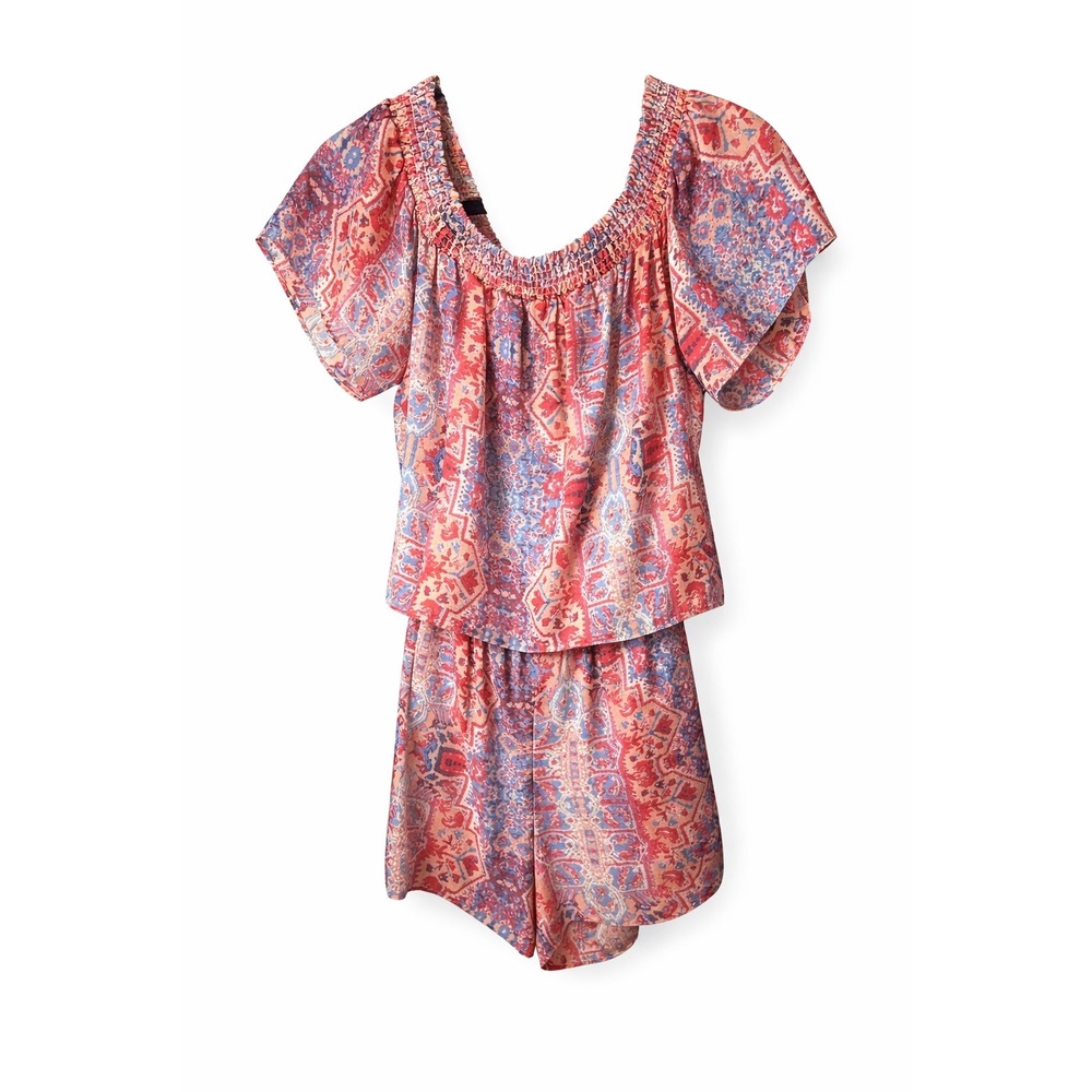 Parker Silk‎ Blend Romper Coral Blue Paisley Smocked Off Shoulder Womens Medium